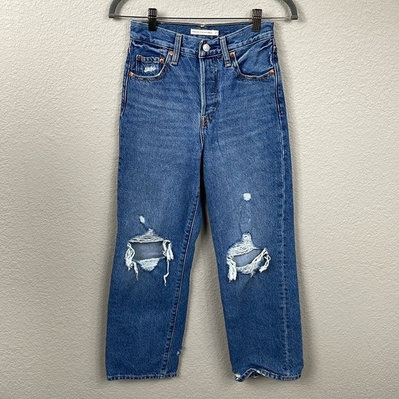 Levis Ribcage Straight Ankle Jeans Feeling Seen Medium Wash Distressed Busted 25 - Picture 3 of 15
